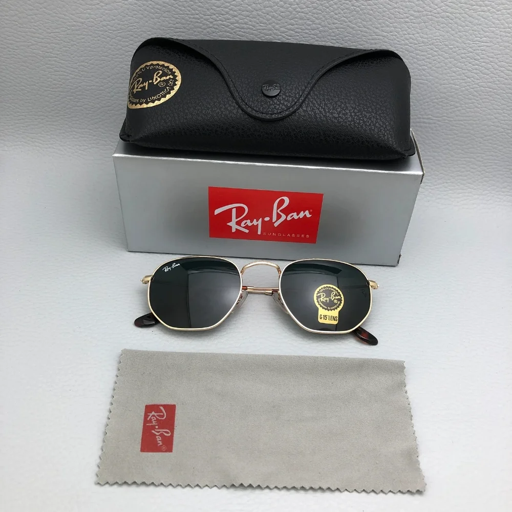 Ray-Ban Women's Gold Frame 51mm Black Lens Hexagon Sunglasses Like New - Picture 4 of 16